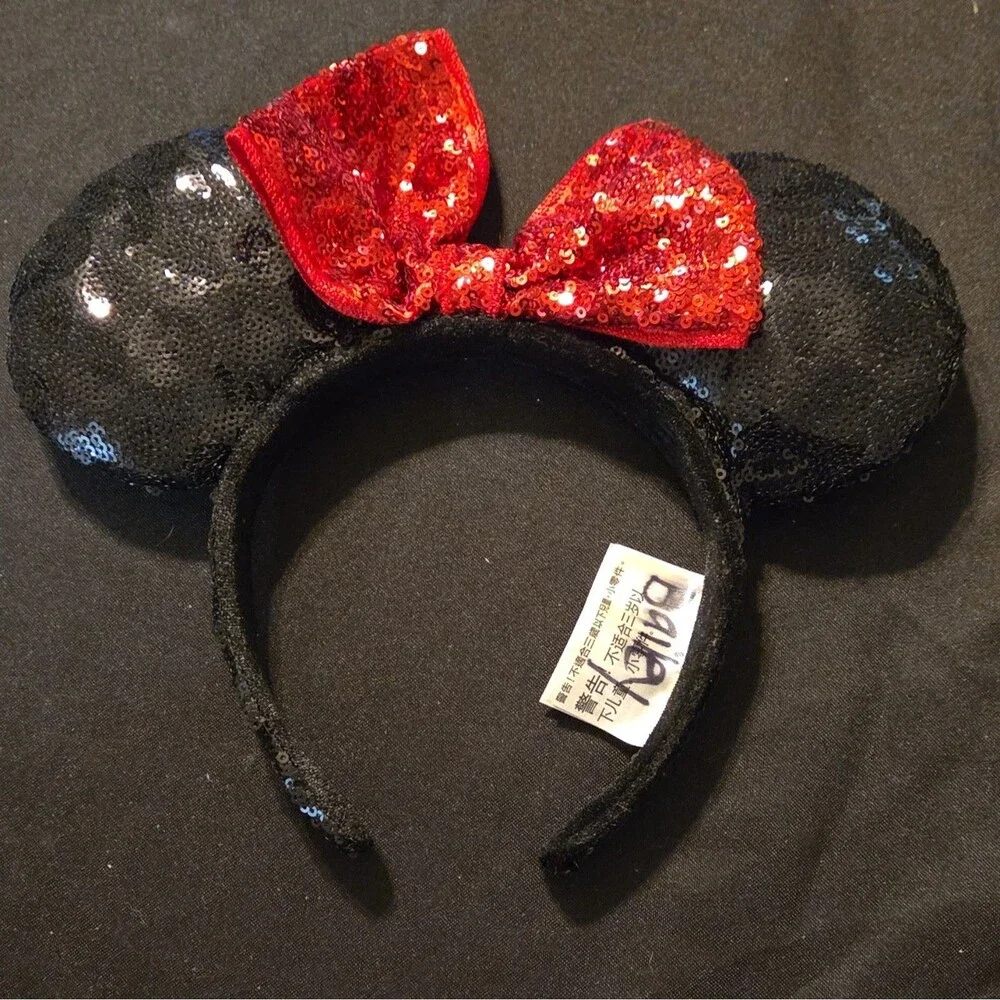 Disney Minnie Mouse Sequin Ear Headband Red Bow Black Red Fabric Party Accessory